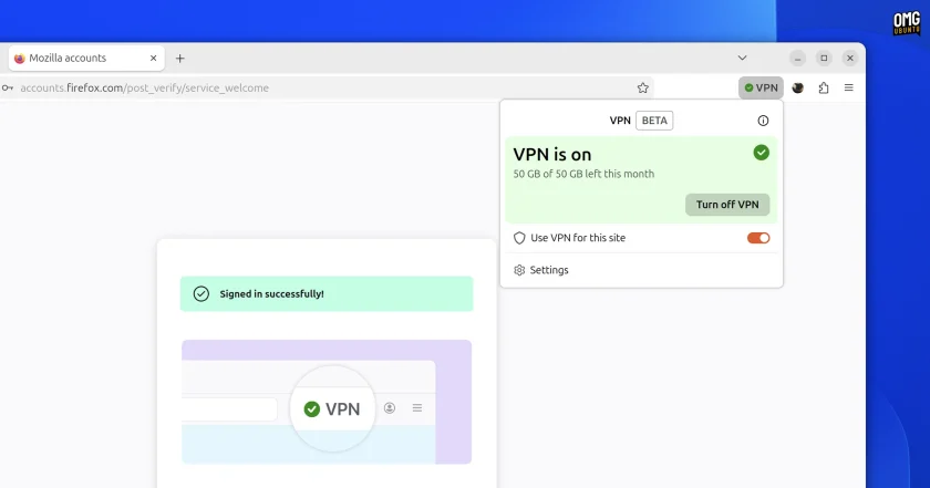 Firefox's free VPN turned on in the toolbar.