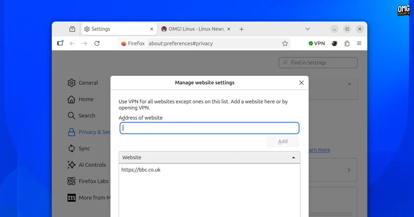 Manage website settings for Firefox VPN dialog.