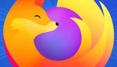 Firefox logo with a pleased face drawn on it, sitting on a purple background.