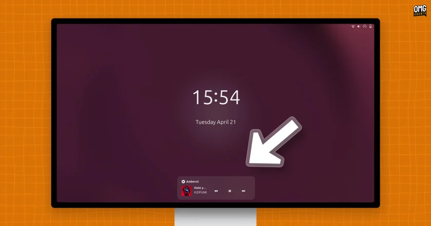 Lock Screen media widget in Ubuntu 26.04 with arrow pointing to it