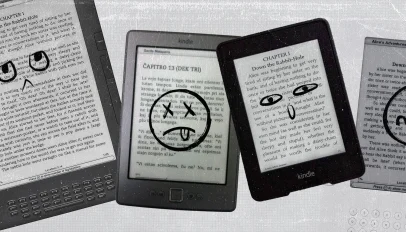 Four older Kindle modes with concerned faces drawn on the screens.