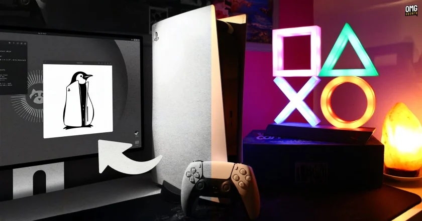 Sony PlayStation 5 with Linux on the monitor.