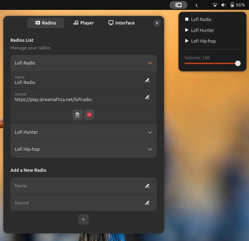 Lofi radio player extension running in GNOME Shell.