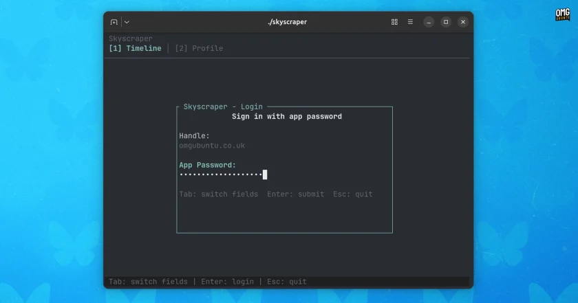 Logging in to Skyscraper CLI tool in a terminal on Ubuntu.