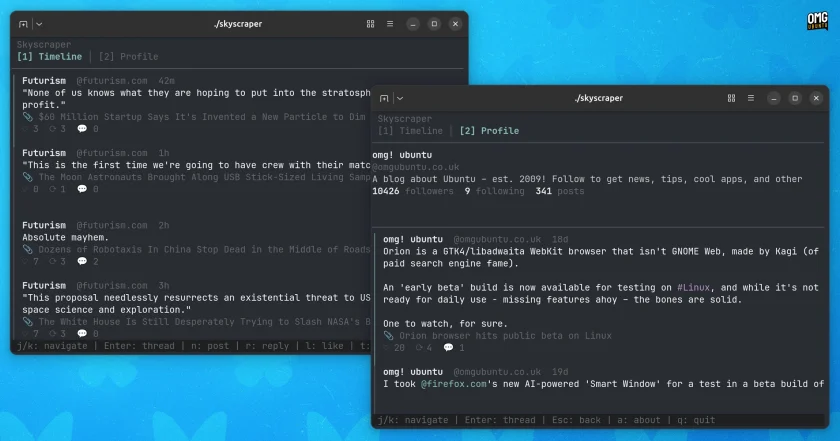 Command line interface showing Bluesky timeline and profile view.
