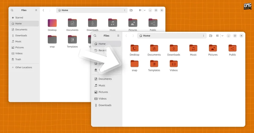 GNOME Files on Ubuntu 26.04 showing old grey folder icons alongside the new red-orange folder icons introduced in Resolute Raccoon