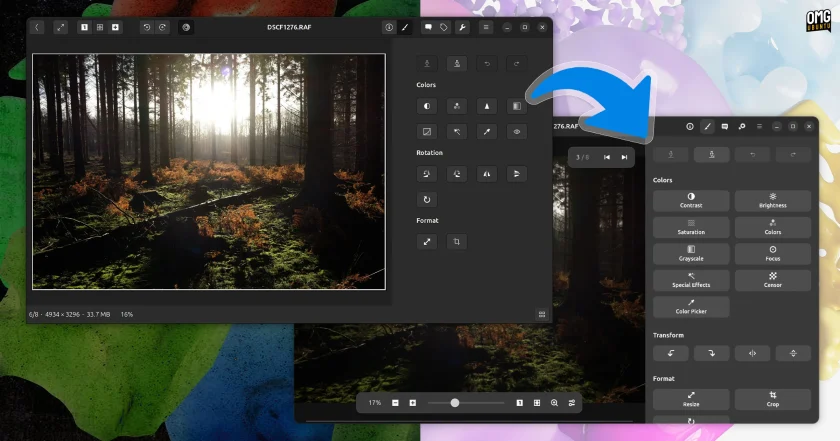 gThumb comparison of old image editing mode and new image editing mode.