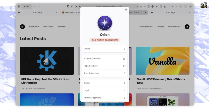 Orion for Linux showing 0.3.0 version number.
