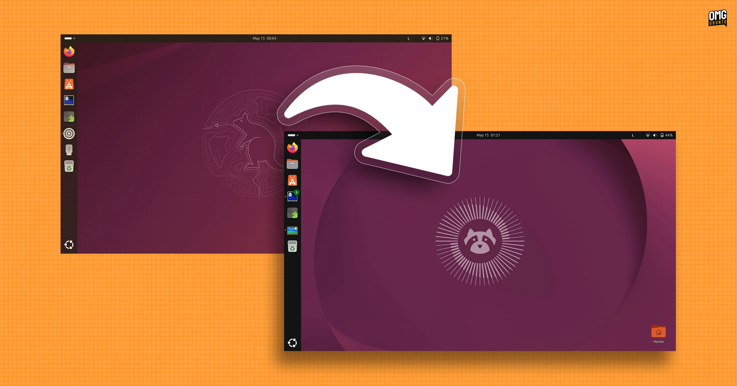 Ubuntu 25.10 desktop with an arrow pointing to the 26.04 desktop.