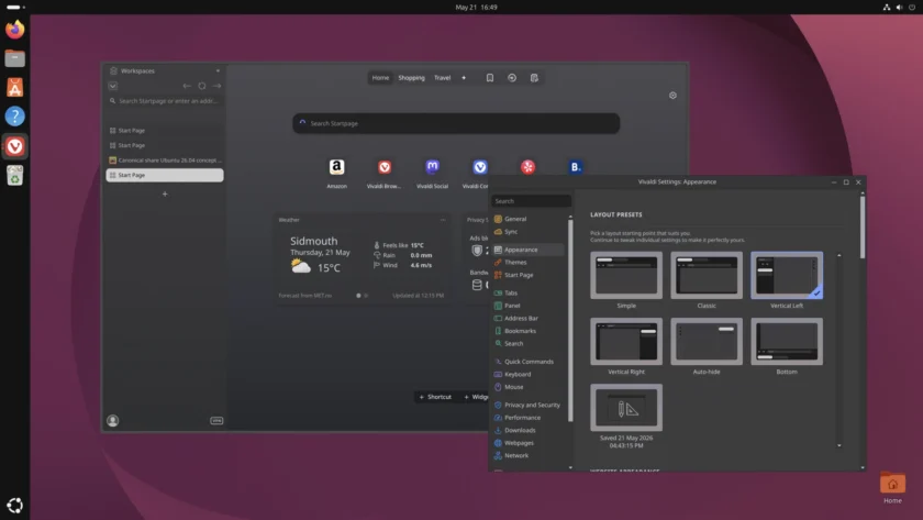 Layout presets showing vertical left option selected for Vivaldi web browser.
