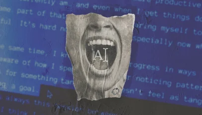 Poster collage of open mouth with AI letters inside over blue wall of text.