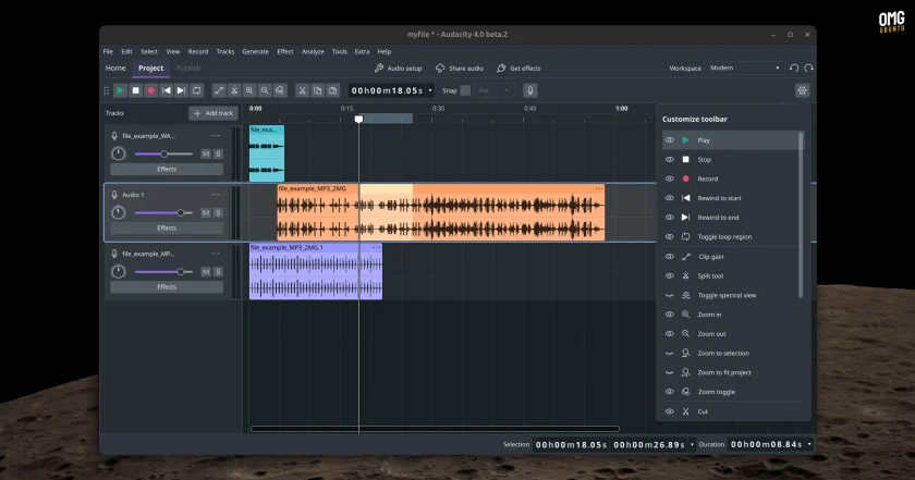 Audacity 4.0 Qt UI showing coloured wave clips and toolbar customisation