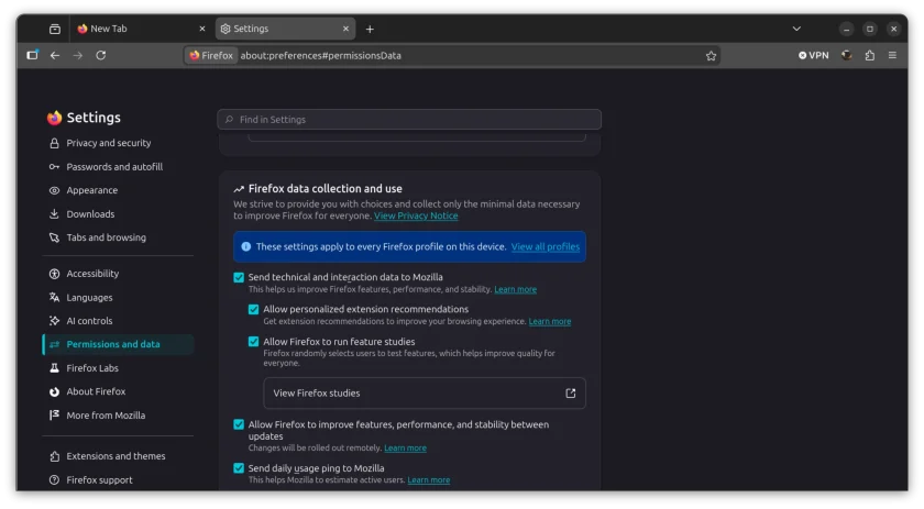 Firefox 152 settings page showing new categorisation.
