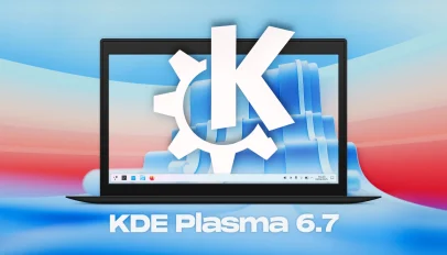 KDE logo on a laptop with the Plasma 6.7 wallpaper.
