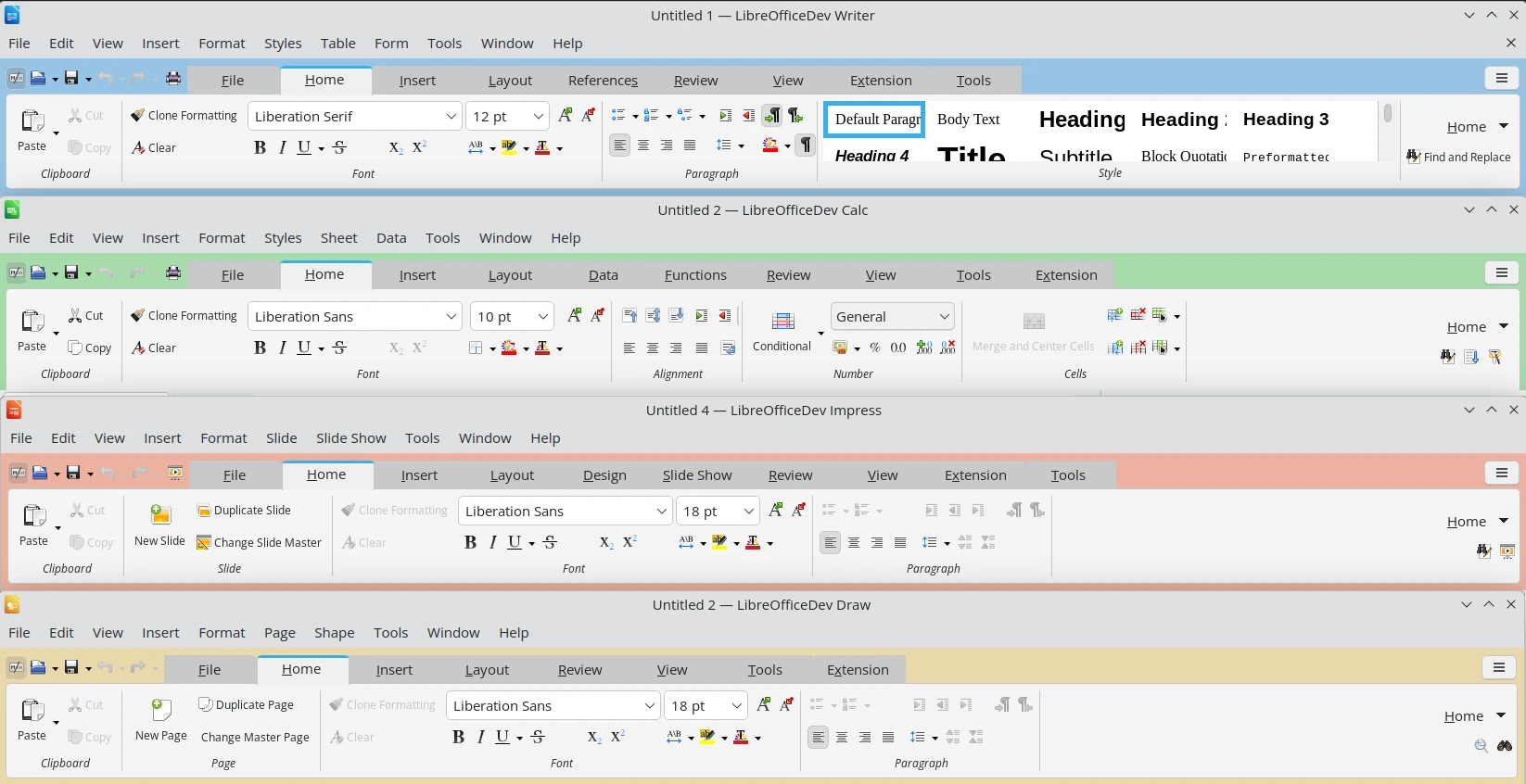 LibreOffice's tabbed UI arranged with 4 different colour backgrounds visible