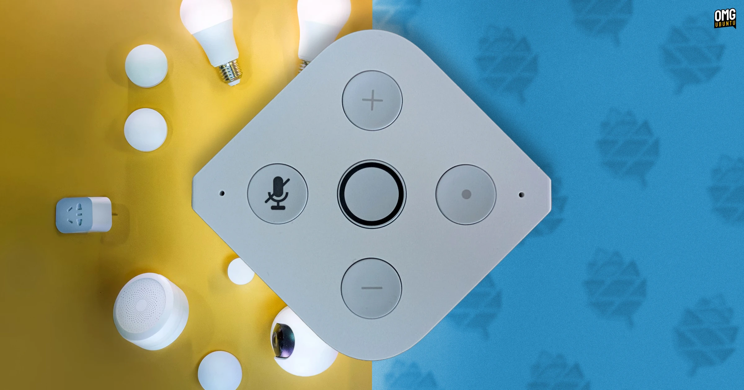 Top-down view of the Pine64 PineVoice smart speaker surrounded by smart home accessories.