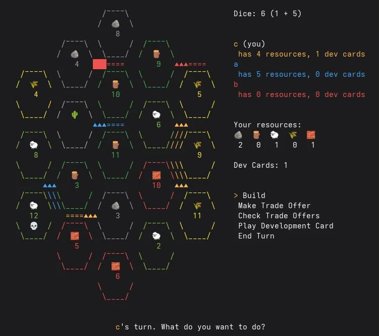 El Poblador showing a Settlers of Catan game in the terminal, with hex-tile board, resource counts and player controls.