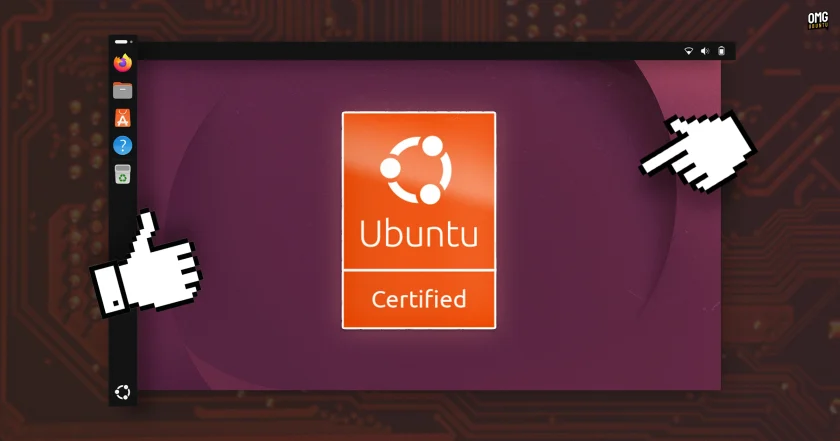 Ubuntu Certified badge on a purple desktop wallpaper flanked by pixelated thumbs up and pointing hand icons