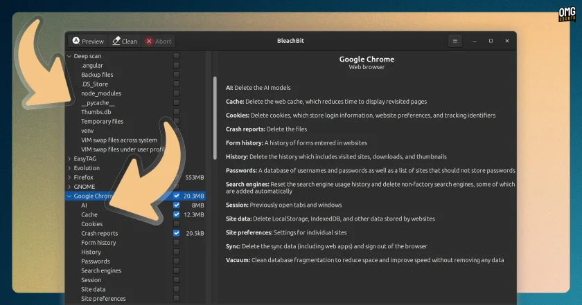 BleachBit cleaner interface with arrows pointing to new Chrome AI model and developer cleaners