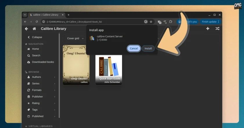 Arrow points to Calibre content server web app install prompt