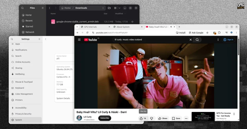 File manager shows Chrome Arm64 deb package, System Settings lists Raspberry Pi 5, and Chrome is open playing a YouTube video