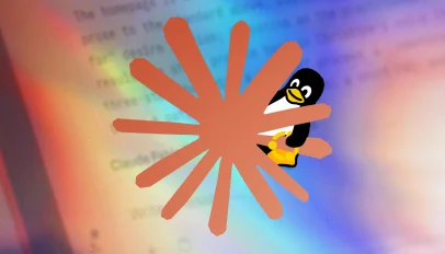 Tux the Linux penguin peers out from behind Anthropic's Claude logo