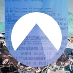 Codeberg logo mountain peak superimposed over a scrapyard pile of junk and faint code, symbolising the platform's ban on AI-generated code