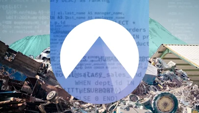 Codeberg logo mountain peak superimposed over a scrapyard pile of junk and faint code, symbolising the platform's ban on AI-generated code