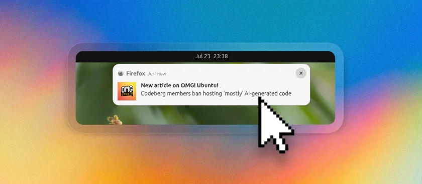 New article desktop notification sent by OMG! Ubuntu Firefox add-on