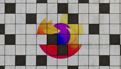 Firefox logo over a black and white crossword grid