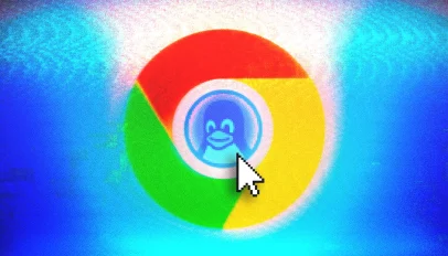 Google Chrome logo with Linux mascot inside with soft, blurred glow on a blue background