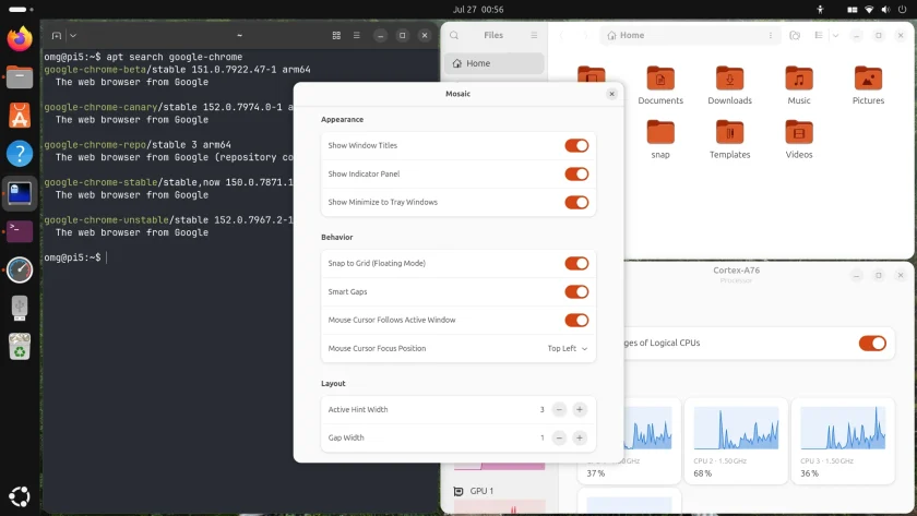 Mosaic GNOME Shell extension settings window showing Appearance, Behavior and Layout sections