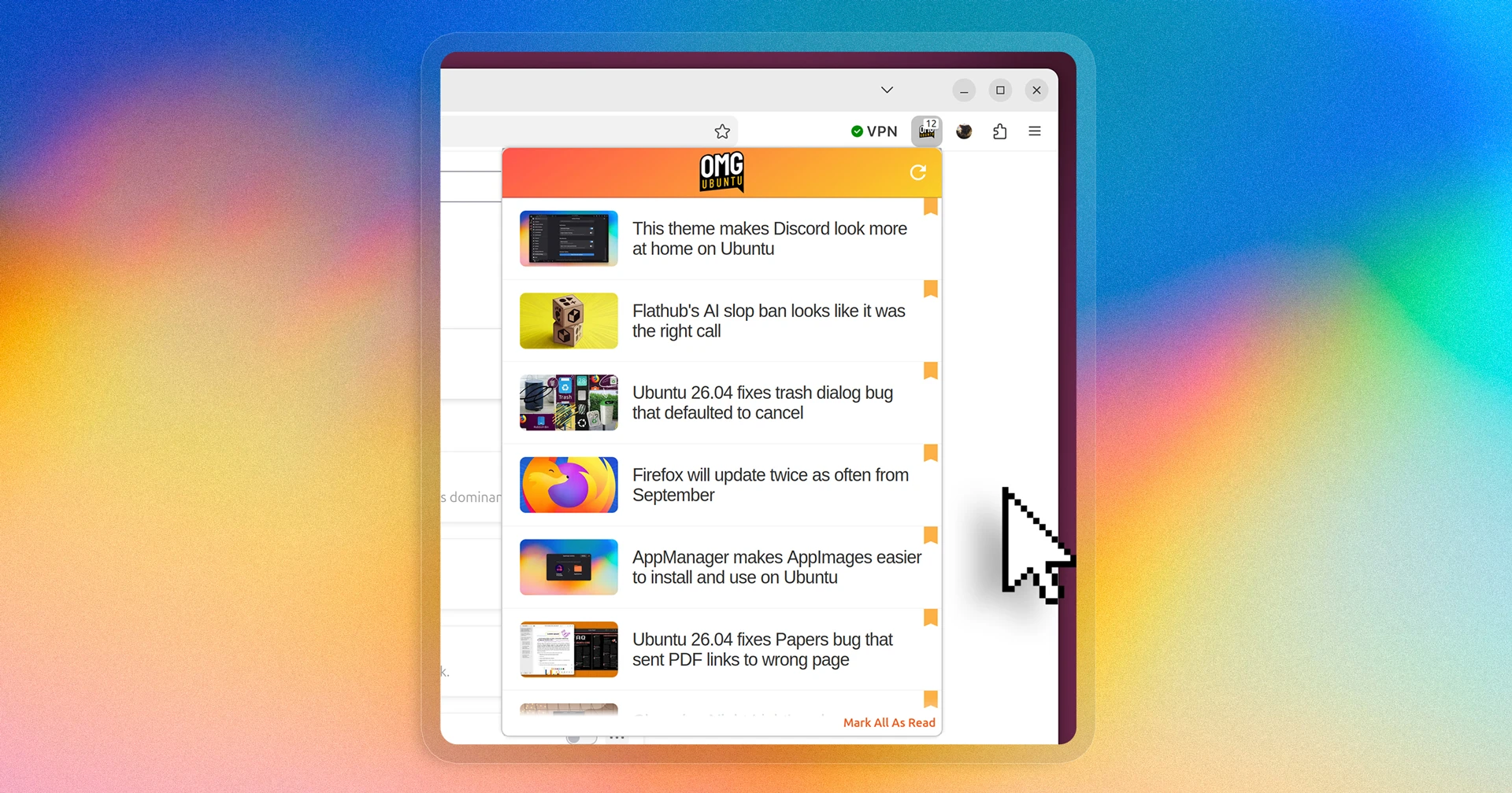 OMG! Ubuntu Firefox extension pop-over listing recent news headlines and unread badge on toolbar icon