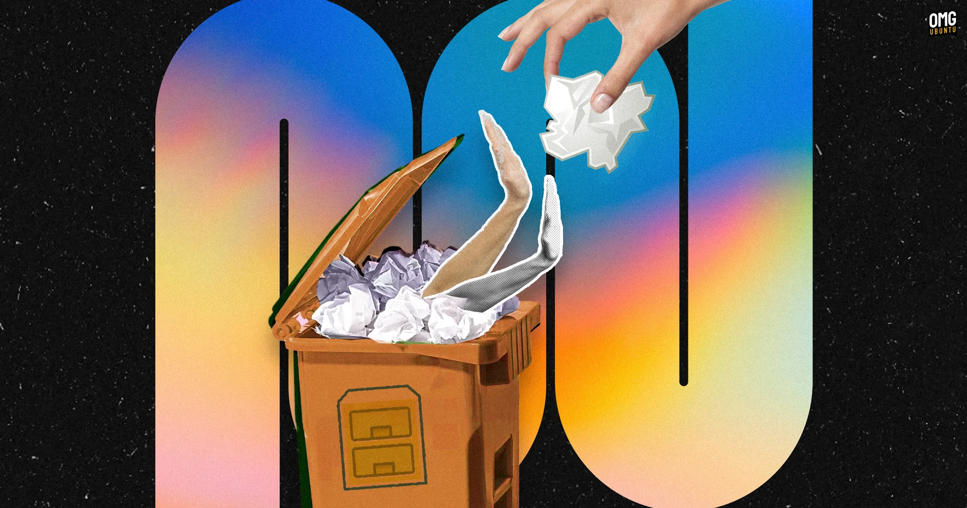 Open bin with hands coming out refusing crumbled paper being handed to it
