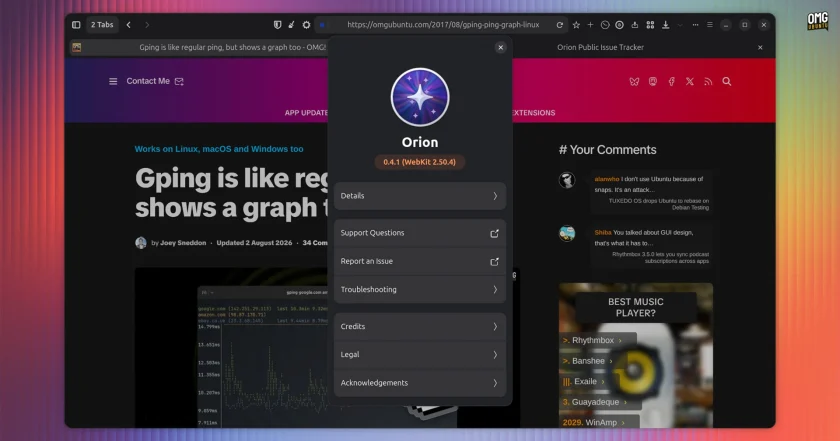 Orion for Linux web browser showing about screen over a loaded website