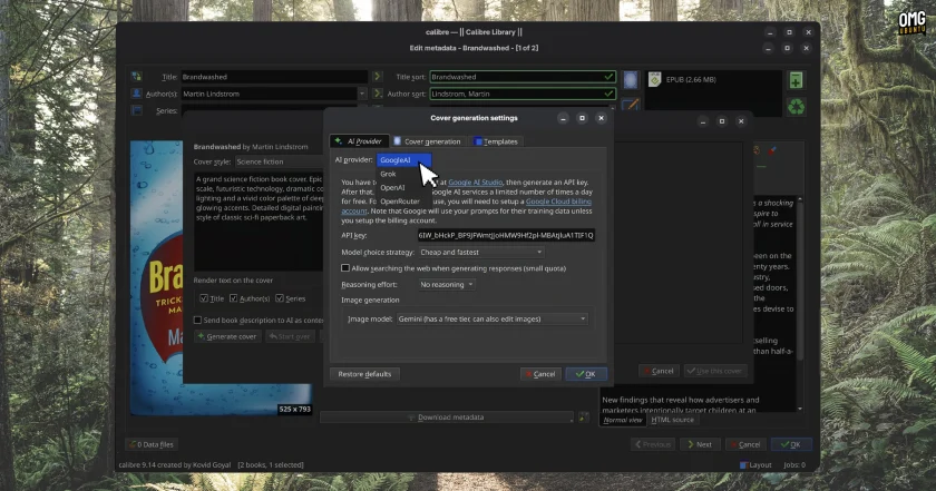 Cover generation settings dialog in Calibre 9.14