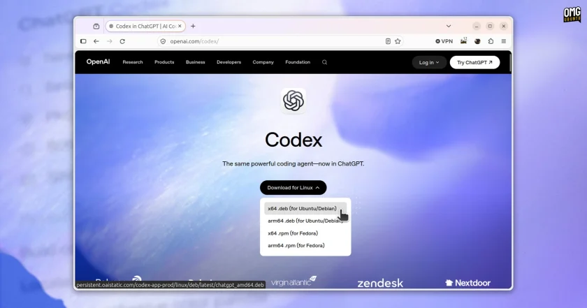 Download page for the Codex ChatGPT Linux app shows x64 and arm64 deb links for Ubuntu and Debian