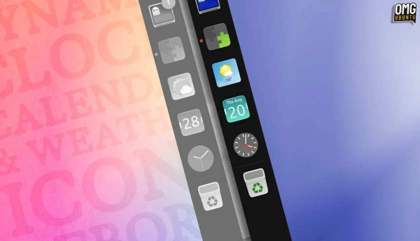 Ubuntu Dock with dynamic clock, weather and calendar icons