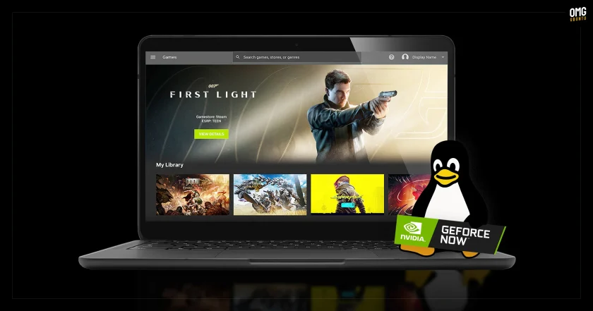 GeForce NOW app on a laptop with Linux mascot Tux holding NVIDIA logo