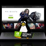 GeForce NOW app on a laptop with Linux mascot penguin holding logo