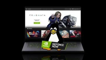 GeForce NOW app on a laptop with Linux mascot penguin holding logo