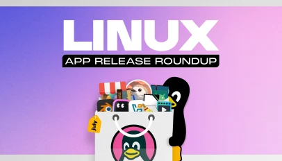 Linux mascot holding a bag filled with the icons of various open source apps