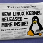 Linux kernel 7.2 announced on a mock newspaper with related hardware around it