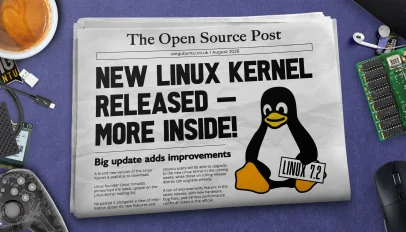 Linux kernel 7.2 announced on a mock newspaper with related hardware around it
