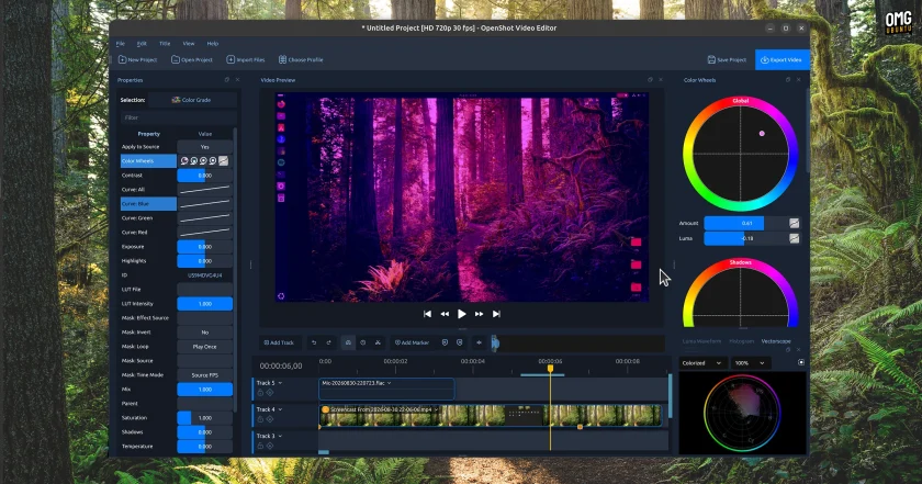 OpenShot 4.0 showing colour wheels and grading properties