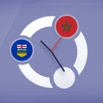 Ubuntu logo clock with Alberta and morocco flags denoting time zone changes