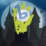 Illustrated zombie hand coming out of the ground holding the Banshee music player logo