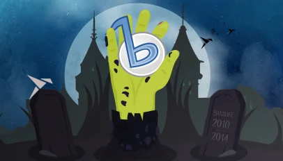 Illustrated zombie hand coming out of the ground holding the Banshee music player logo