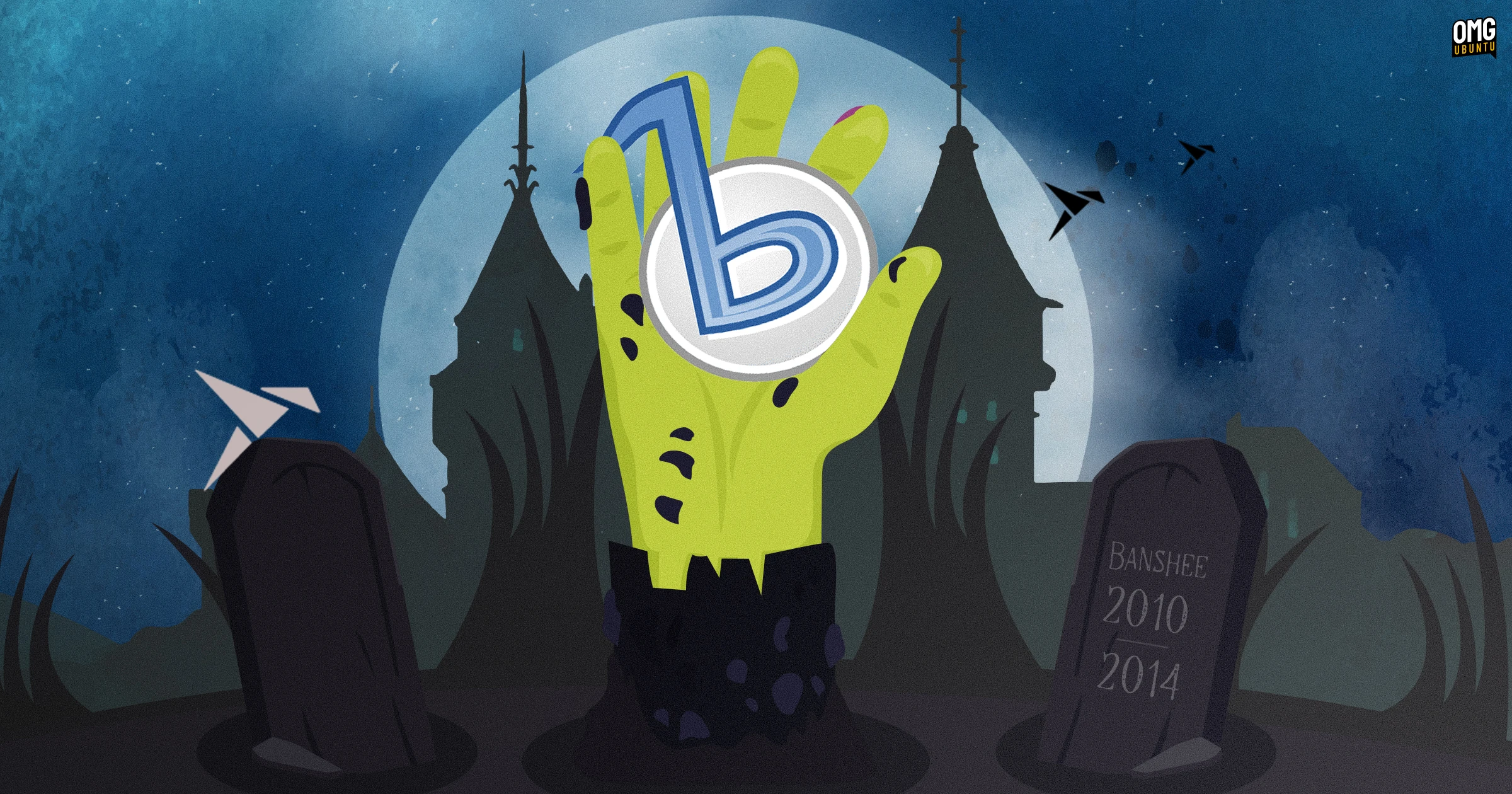 Illustrated zombie hand coming out of the ground holding the Banshee music player logo