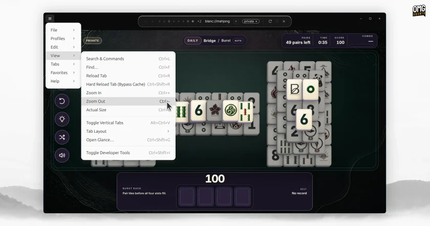 Mahjong game and traditional app menu in Blanc web browser